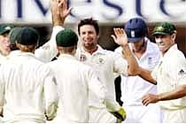 Australians celebrate dismissal of England batsman Andrew Flintoff on the first day of the second Test match at Lords on Thursday. AFP
