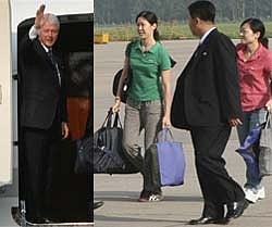 Former US president Bill Clinton waves from a  plane before leaving Pyongyang with the two female American journalists Laura Ling and Euna Lee (R). AP