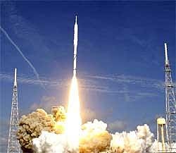 The Ares I-X test rocket lifts off successfully from Pad 39B at the Kennedy Space Center