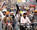 Members of hardline Sikh groups take to the streets during the Punjab shutdown call given by them to mark the 25th anniversary of the anti-Sikh riots.