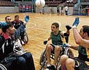 Wheels of Inspiration: Indian and Brazlian wheechair rubgy teams during a combined practice session at the Sree Kanteerava indoor Stadium on Thursday. DH photo/ Srikanta Sharma R