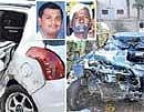 REVELRY/VANDALISM: The mangled remains of the two cars which met with an accident in the City on Thursday night. (Inset) Hemanth Gowda and Lakshminarasimhaiah who were killed in this accident. DH photo