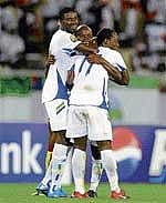 Upset Artists: Gabon players celebrate their win over Cameroon in the African Nations Cup on Thursday. AFP