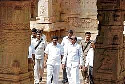 Union Home Minister P Chidambaram with Revenue Minister Karunakara Reddy visiting the Hazara Rama temple in Hampi on Friday. dh photo