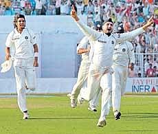 Victorious: Harbhajan Singh breaks into a joyous run after dismissing South Africas Morne Morkel to signal Indias win in the second Test at Kolkata on Thursday. AP/PTI