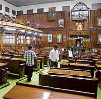 Gearing up: Workers preparing the Assembly hall in Vidhana Soudha for the Budget session in Bangalore, on Wednesday. KPN