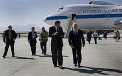 US Secretary of Defence Robert Gates (L) talks with US Ambassador to Afghanistan Karl Eikenberry (C) as he arrives in Kabul on Monday. AFP