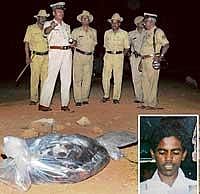 Devastating: The body of victim Arunkumar (inset) wrapped in a plastic sheet at Chikaveeranapalya in Tavarekere on the outskirts of City on Monday. dh photo