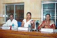 Madikeri TP President H S Subhashini, EO N S Puttaswamy and Vice-President Chitra Nanaiah at the Taluk Panchayat KDP meeting. DH Photo