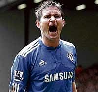 ecstatic: Chelseas Frank Lampard is jubilant after scoring against Liverpool in their English Premier League match at Anfield on Sunday. Chelsea won the match 2-0. reuters