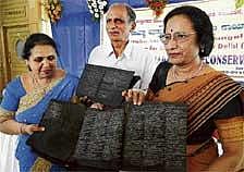 (From Left) Director Karnataka State Archives Usha Suresh, Director National Research Laboratory A K Shastri and Director National Mission for Manuscripts Dipti Tripathi at a workshop in Bangalore on Wednesday. DH Photo