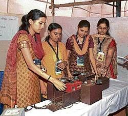 Students exhibiting their projects at Srishti-2010 project expo organised at Siddartha Institute of Technology, in Tumkur on Sunday. DH photo