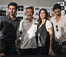 Actors Arjun Rampal (R), Katrina Kaif director Prakash Jha, and Ranbir Kapoor pose after a press conference to promote their new film 'Rajneeti' in New Delhi on Thursday. PTI