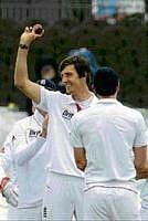 Englands Steven Finn celebrates after grabbing his fifth wicket against Bangladesh on Monday. AP