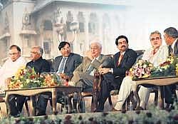 Captains with leaders: (From left) Leader of Opposition in the Rajya Sabha Arun Jaitley, Chief Minister B S Yeddyurappa, Arcelor Mittal chief Lakshmi N Mittal, Wipro chief Azim Premji, Aditya Birla Group chief Kumar Mangalam Birla, UB Group chief Vijay Mallya and Essar Group chief Shashi Ruia at the inauguration of the Global Investors Meet in Bangalore on Thursday. DHphoto/Kishor Kumar Bolar