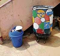 attractive The colourful bins on display.