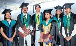 Winners: Left: Arpita Srinivastava (5 gold medals), Ashutosh Kumar Singh (13), Shripad Bhat (5), Shamna A (4), K M Jaya Shabya (6) and Uthappa (6) greeting each other at the 44th convocation of UAS in Bangalore on Saturday. DH Photo