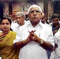 Seeking divine intervention: Chief Minister B S Yeddyurappa at Sri Dodda Ganesha temple in Bangalore on Saturday.  KPN