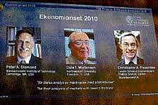(From left) Peter A Diamond, Dale T Mortensen (both from the US) and British-Cypriot Christopher A Pissarides, who won the 2010 Nobel Prize in Economics on Monday. AFP