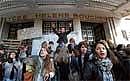 Students block the entrance of their high school on Thursday in Paris to protest against President Nicolas Sarkozys pensions reform. AFP
