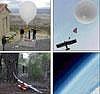 Fun flight: (Clockwise from top) The team prepares to launch the helium balloon from a remote spot 50 miles from Madrid; The balloon rises with the paper plane which has a 3ft wingspan; A photograph capturing the curvature of the globe is taken from PARIS at 90,000 ft; the plane safely returns to earth after climbing 17 miles into the atmosphere.