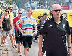 English fans walk near the Chinnaswamy stadium in Bangalore on Saturday. DH Photo/ Kishor Kumar Bolar