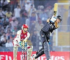 Bang! Pune Warriors skipper Yuvraj Singh in an attacking mood during his knock of 32 against Kings XI Punjab at the Punjab Cricket Association stadium on Sunday. AFP
