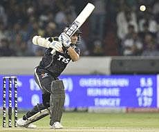 Pune Warriors' Sourav Ganguly plays a shot during an Indian Premier League cricket match against Deccan Chargers in Hyderabad on Tuesday. AP