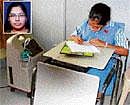 S Vaishnavi (inset) of A V Educational Society, J P Nagar, Bangalore, writing her SSLC exam with ventilator support.