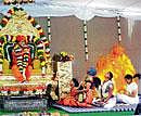 swamy and his friends: Followers of Nithyananda in action at the Gurupoornima celebration at the Bidadi ashram on Friday. dh Photo