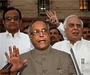 Union Finance Minister, Pranab Mukherjee with Home Minister P Chidambaram talking to media after meeting with Prime Minister Manmohan Singh, in New Delhi.PTI Photo