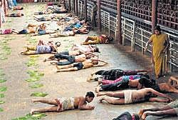 In the name of Faith: Devotees roll over the food left over by the Brahmins. DH Photo