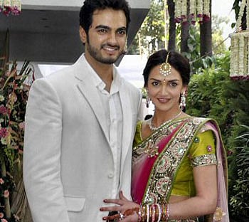Bollywood actress Esha Deol with Bharat Takhtani during their engagement ceremony at Juhu, Mumbai on Sunday. PTI Photo