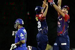 New Delhi : Delhi Daredevils' players celebrate after beating Rajasthan Royals during their IPL-5 match in New Delhi on Sunday. PTI Photo by Aman Sharma