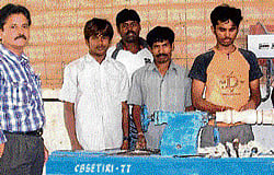 Leading the way: Youth trained in carpentry at Canara Bank Rural Development and Self Employment Training institute at Honnenahalli in Kolar. Director of the institute, R Balasubramanyam is seen. DH Photo