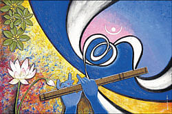 The paintings displayed on theme Sri Krishnaya Namaha at Udupi Art Gallery.