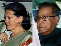 Congress President Sonia Gandhi and Union Finance Minister Pranab Mukherjee after the party's core committee meeting at the Prime Minister's residence in New Delhi on Thursday. PTI