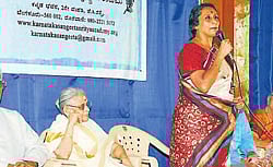 Karnataka Sangeeta Nritya Academy Chairperson Vaijayanti Kashi speaks at an intercation programme with the artistes of coastal districts in Mangalore on Sunday.