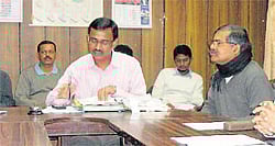 Deputy Commissioner Dr Shivashankar speaking after receiving memorandum from Field Marshal K M Cariappa and General Thimmaiah Forum office-bearers in DCs office on Friday.