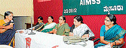 women power: State vice-president of All India Mahila Samskruthika Sanghatane (AIMSS) Prathibha Kumari, secretary B R Aparna, member Nalina, national general secretary H G Jayalakshmi and P S Sandhya of district committee seen at the third district level womens convention in Mysore on Thursday. DH Photo