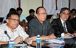 State Minority Commission Chief Anwar Manippady, National&#8200;Commission for Minorities Vice-Chairman H&#8200;T&#8200;Sangliana and Chief Secretary S&#8200;V&#8200;Ranganath during an interaction with the representatives of the minorities committee, in Bangalore on Friday. DH Photo