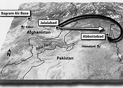 Map showing the flight path two US Chinooks helicopters took from Jalalabad (Afghanistan) to Abbottabad in Pakistan in May 2011 to raid the hideout of Osama bin Laden who was killed by US SEALS. The map is published in a just-released book by one of the SEALS Matt Bissonnette, who wrote the book 'No Easy Day' under pseudonym Mark Owen. PTI Photo