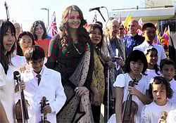 Bollywood actress Aishwarya Rai Bachchan and Veteran Hollywood actor Michael Douglas at peace bell ceremony on the occasion International Day of Peace 'Sustainable Peace for a Sustainable Future' at United Nations in New York on Friday. PTI PHOTO