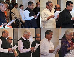 **COMBO** President Pranab Mukherjee administers oath to the newly inducted Cabinet Ministers K Rehman Khan, Dinsha Patel, Ajay Maken, Chandresh Kumari, Harish Rawat, Ashwani Kumar and MM Pallamraju during a ceremony at Rashtrapati Bhavan in New Delhi on Sunday. PTI Photo