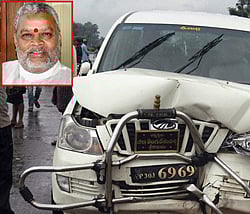 Damaged car of the senior TDP leader K Yerran Naidu (inset) who died in a road accident in Andhra Pradesh's Srikakulam district on Thursday night. PTI Photo