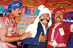 (Clockwise from below) Constable M C Vishwanath of Chintamani Rural police station. Vishwanath as Lakkappa Gowda in a social play, and in the role of Bheema. dh photos