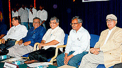 different moods: University of Mysore registrar P S Naik, Gopal Guru from Jawaharlal Nehru University, Prakash Ambedkar, vice-chancellor V G Talwar and journalist L R Balley at the inaugural function of the national seminar at Mysore on Monday. DH Photo