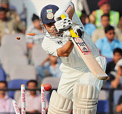 Sachin Tendulkar bowled out by James Anderson on the second day of fourth cricket test match between England and India in Nagpur on Friday. PTI Photo