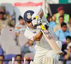 Sachin Tendulkar bowled out by James Anderson on the second day of fourth cricket test match between England and India in Nagpur on Friday. PTI Photo