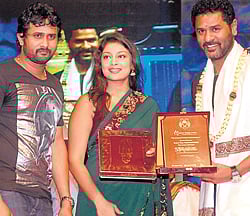 Recognition: Actor Prabhudeva was feted at the valedictory function of the 5th Bengaluru International Film Festival  organised by the Karnataka Chalanachitra Academy in Bangalore on Thursday. Actors Srinagara Kitti and Soundarya Jayamala are seen. KPN